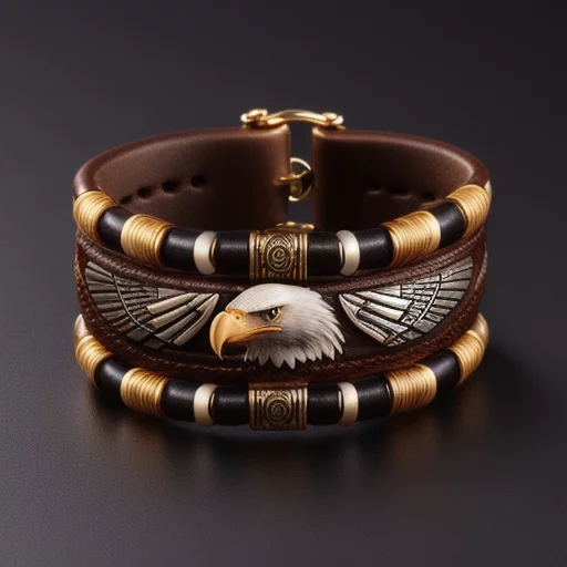 6858992095-eagle bracelet made of buckskin with eagle features, rich details, fine carvings, studio lighting.webp